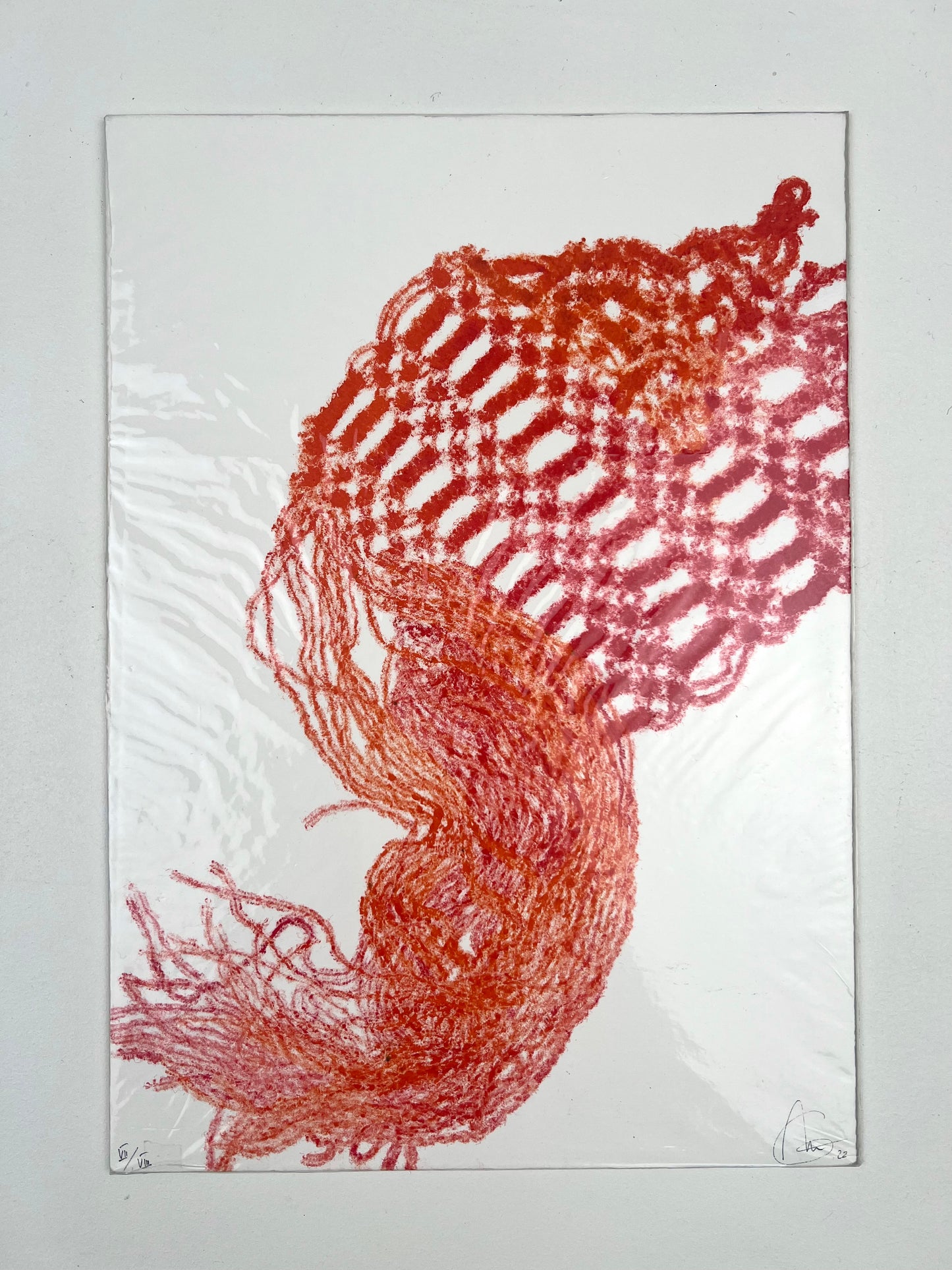 Estampe de nouage orange organique sur papier Fabriano ivoire encadrée