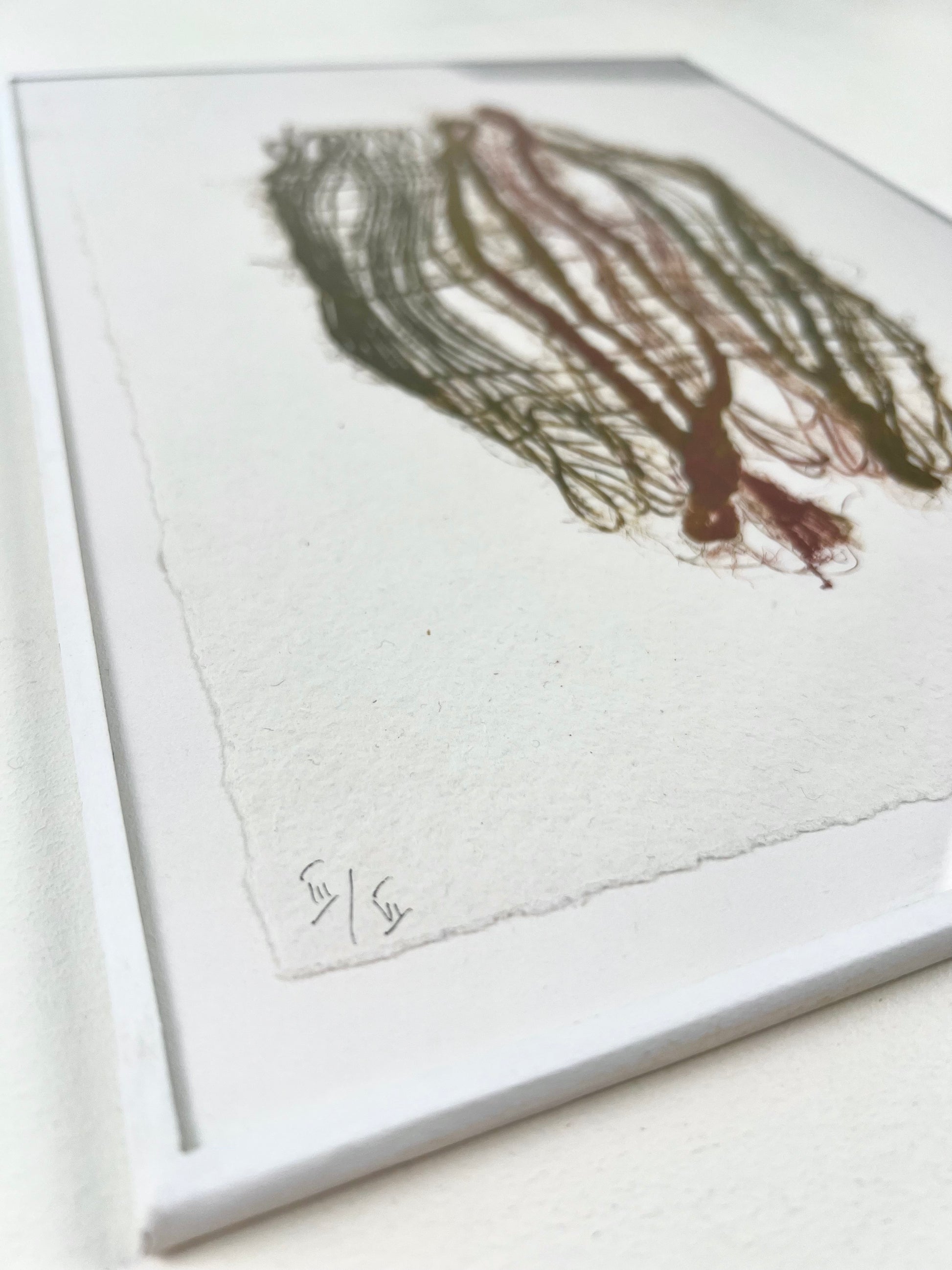 Détail d'une estampe de tissage verte et bordeaux encadrée sur papier artisanal