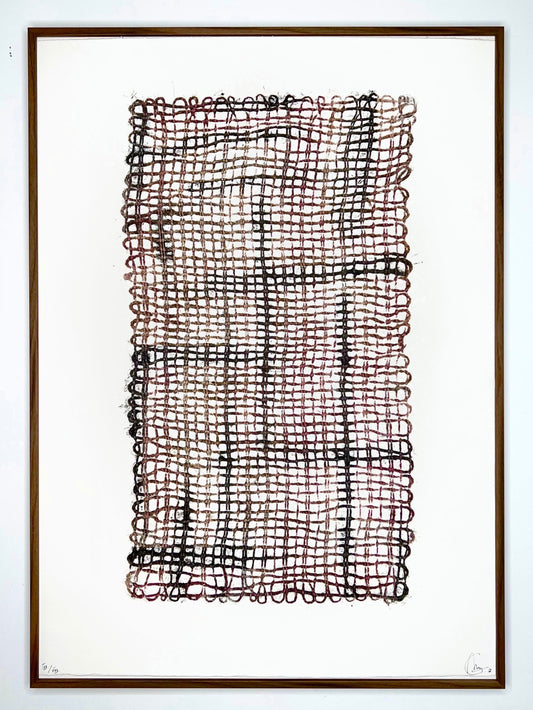 Estampe contemporaine réalisée à partir d'un tissage en fibres de jute imprimé à la main sur papier Vélin d'Arches. Œuvre originale encadrée créée par Marie Gaillac.